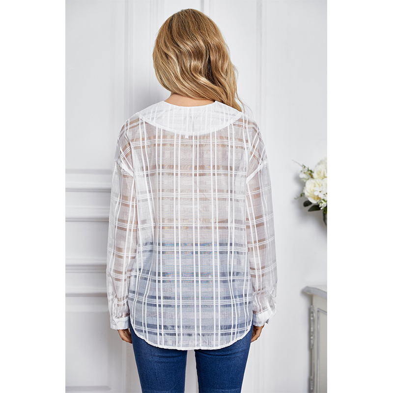 long-sleeved V-neck loose check shirt  NSSA26050