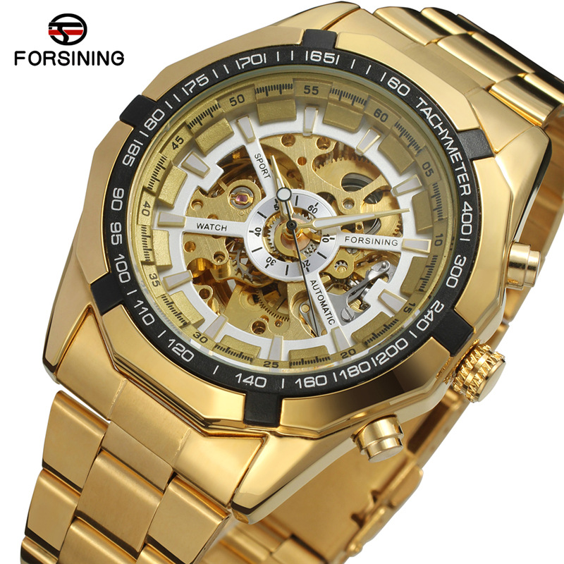 FORSINING correa de acero de los hombres reloj mecánico automático hueco transparente inferior negocio reloj mecánico volante reloj 8042