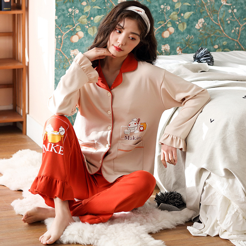 Pijamas de las mujeres de primavera y otoño invierno 100% algodón de manga larga dulce lindo Otoño e Invierno desgaste del hogar traje
