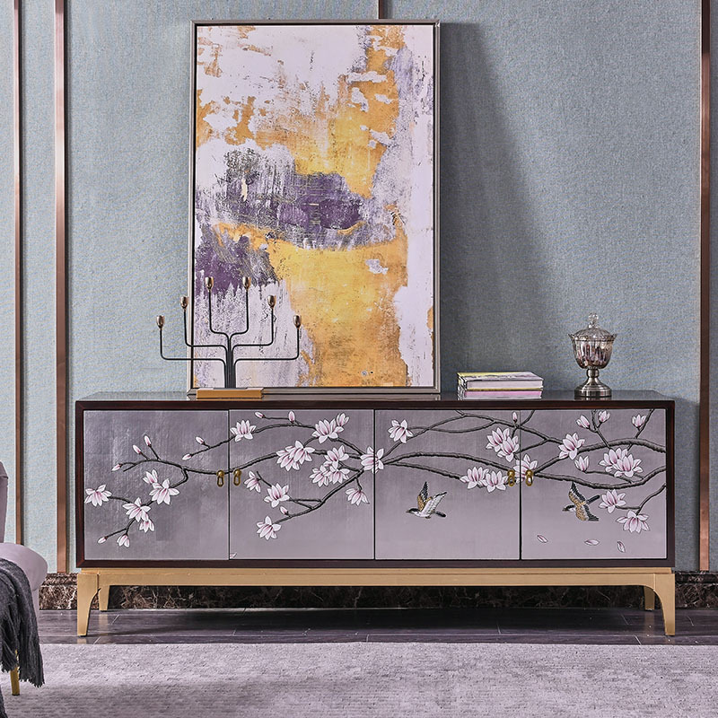 紫檀电视柜新中式现代简约轻奢家具银箔手绘客厅实木方形视听柜|ms