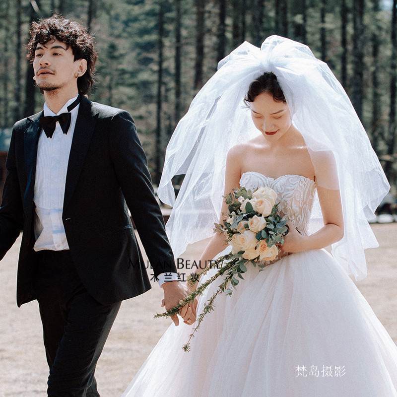 2020 New Bride Hairstyle Veil White Satin Bow Headpiece Makeup Studio Photographer Wedding Decorations Korean Style