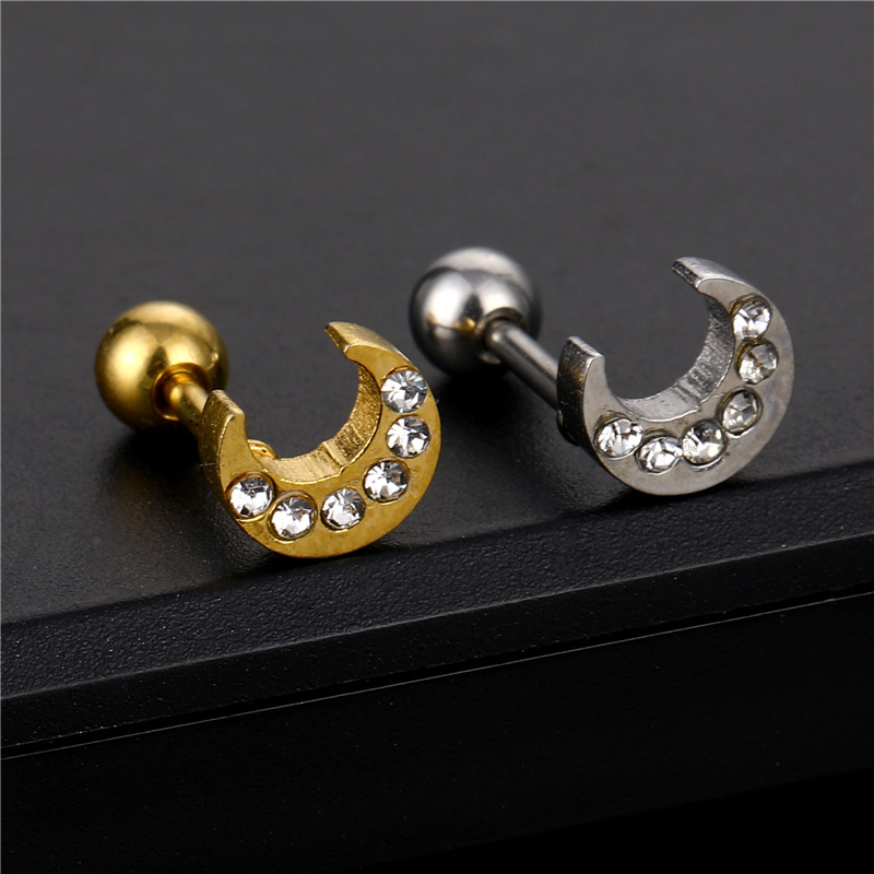 跨境韩版月亮带钻钛钢耳钉不锈钢耳骨钉耳饰时尚耳环饰品
