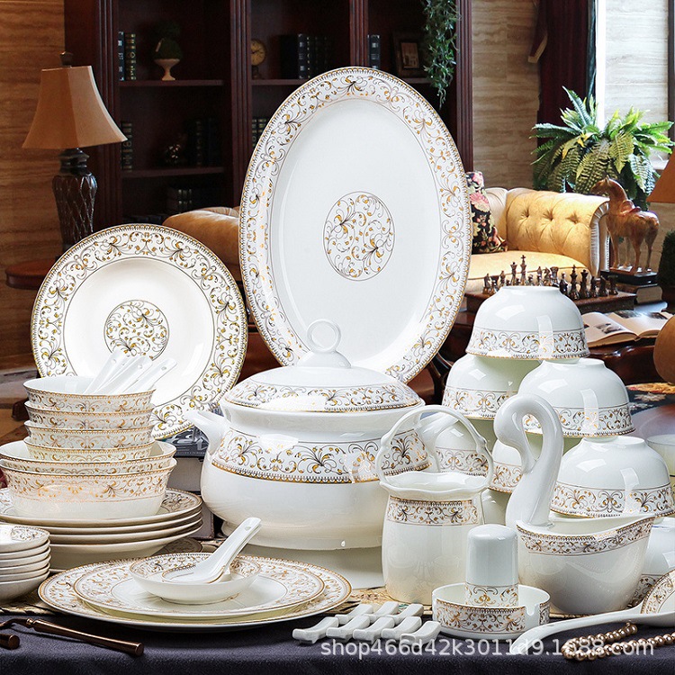 Jingdezhen 식기 세트, 그릇과 접시, 가정용 새로운 유럽 스타일의 뼈 도자기 그릇, 접시 및 젓가락, 세라믹 라이트 럭셔리 그릇, 선물 상자 접시