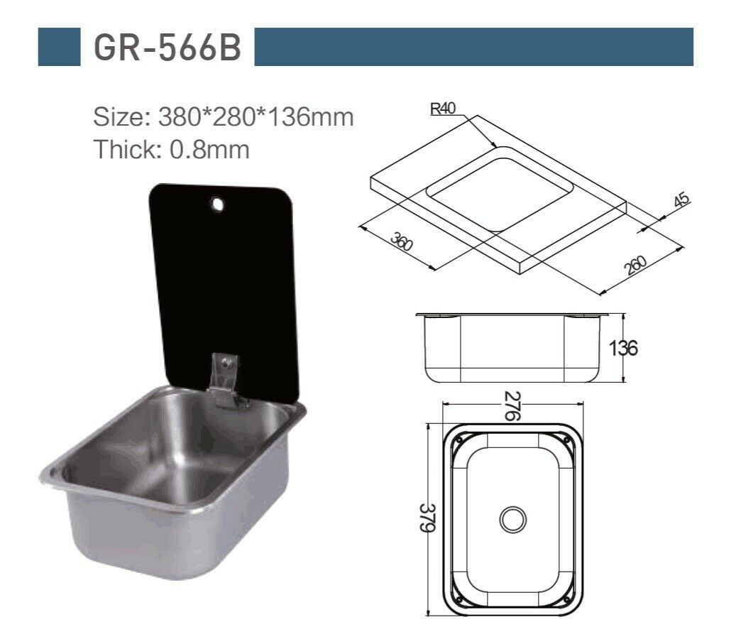 RV yate fregadero de acero inoxidable lavabo con tapa de vidrio templado 380*280*136mm GR-566B