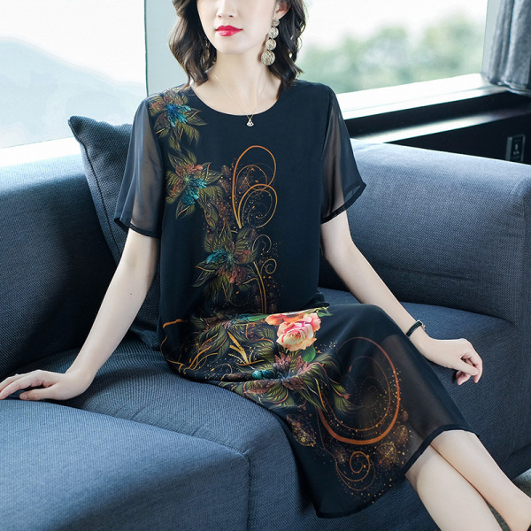 Chiffon dress elegant fashion round neck short sleeve print medium length