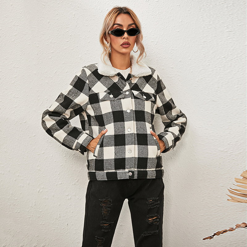 plaid fur collar plus velvet thick cotton jacket NSKX8437