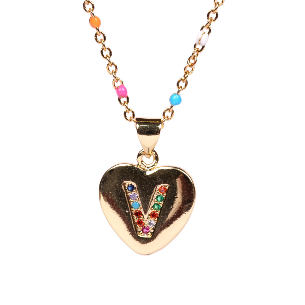 26 letters colorful zircon heart-shaped pendant necklace wholesale