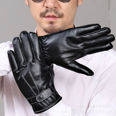 觸摸屏PU皮三線手套批發 男女士冬季保暖加厚加絨潮黑色新款觸屏