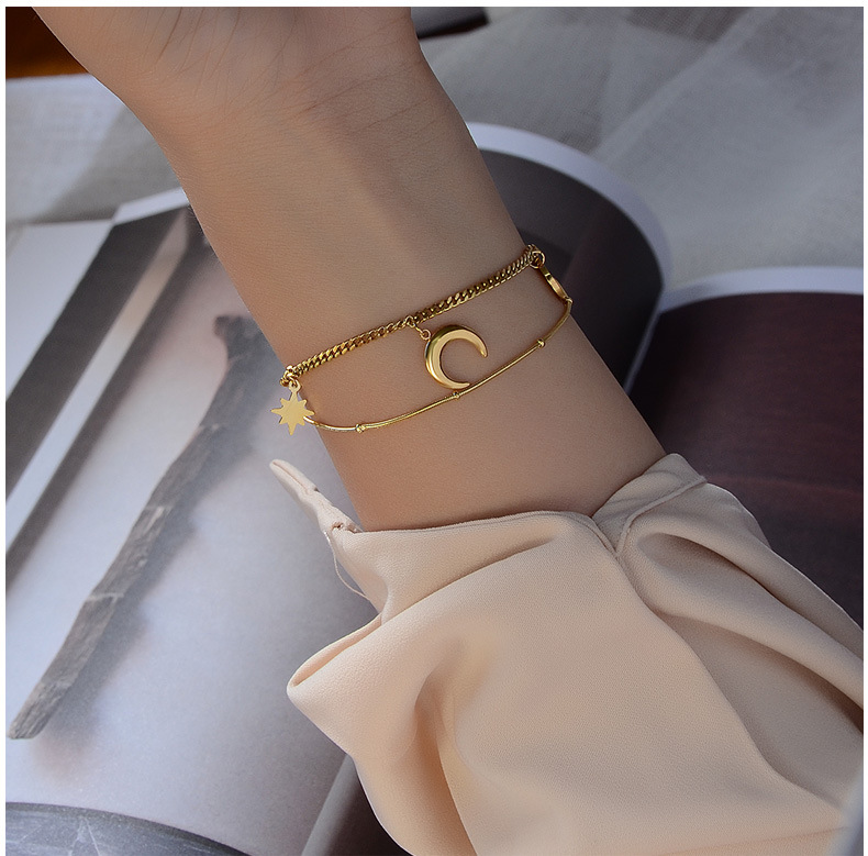 New Fashion Star Moon Sun Titanium Steel Bracelet Necklace Set display picture 1