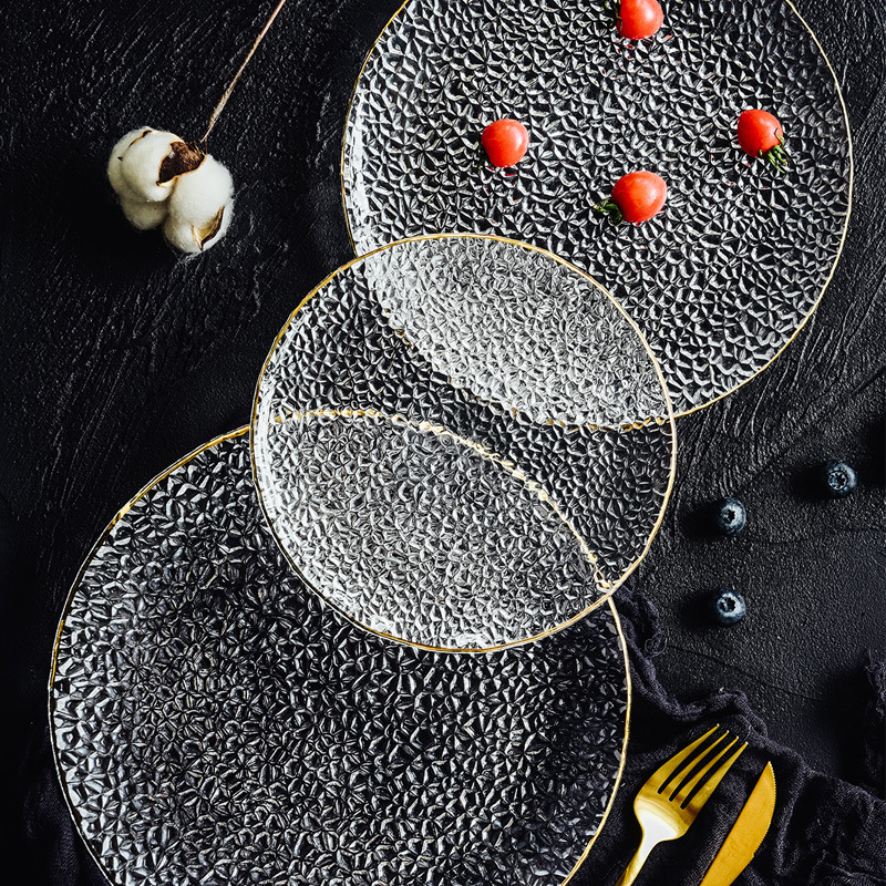 浮雕餐具描金玻璃盘子客厅水果盘家用点心餐盘创意凉菜盘沙拉平盘