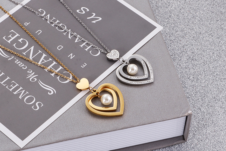 Foreign Trade Supply Korean Accessories Fashion Simple Women Heart Pearl Earrings Necklace Two-piece Ornament Wholesale display picture 9