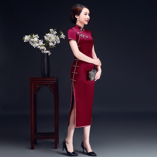 Traditional Chinese Dress Qipao Dresses for Women Wine red pure long cheongsam dress wedding banquet wedding Qipao short sleeve