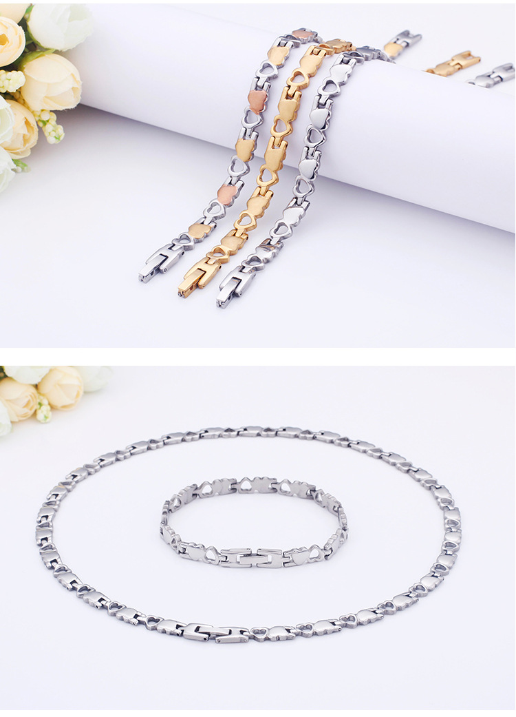 wholesale hollow threecolor heart stainless steel bracelet necklace setpicture3