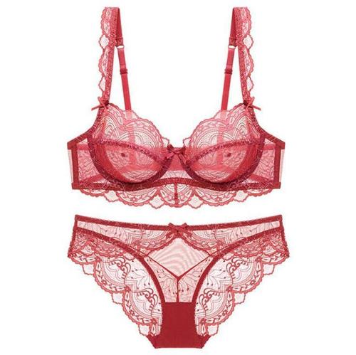 9241 Bra Set Ultra-Thin Lace Sponge-Free Big Breasts Show Small Sexy Benmingnian Red Underwear Large Size Bra