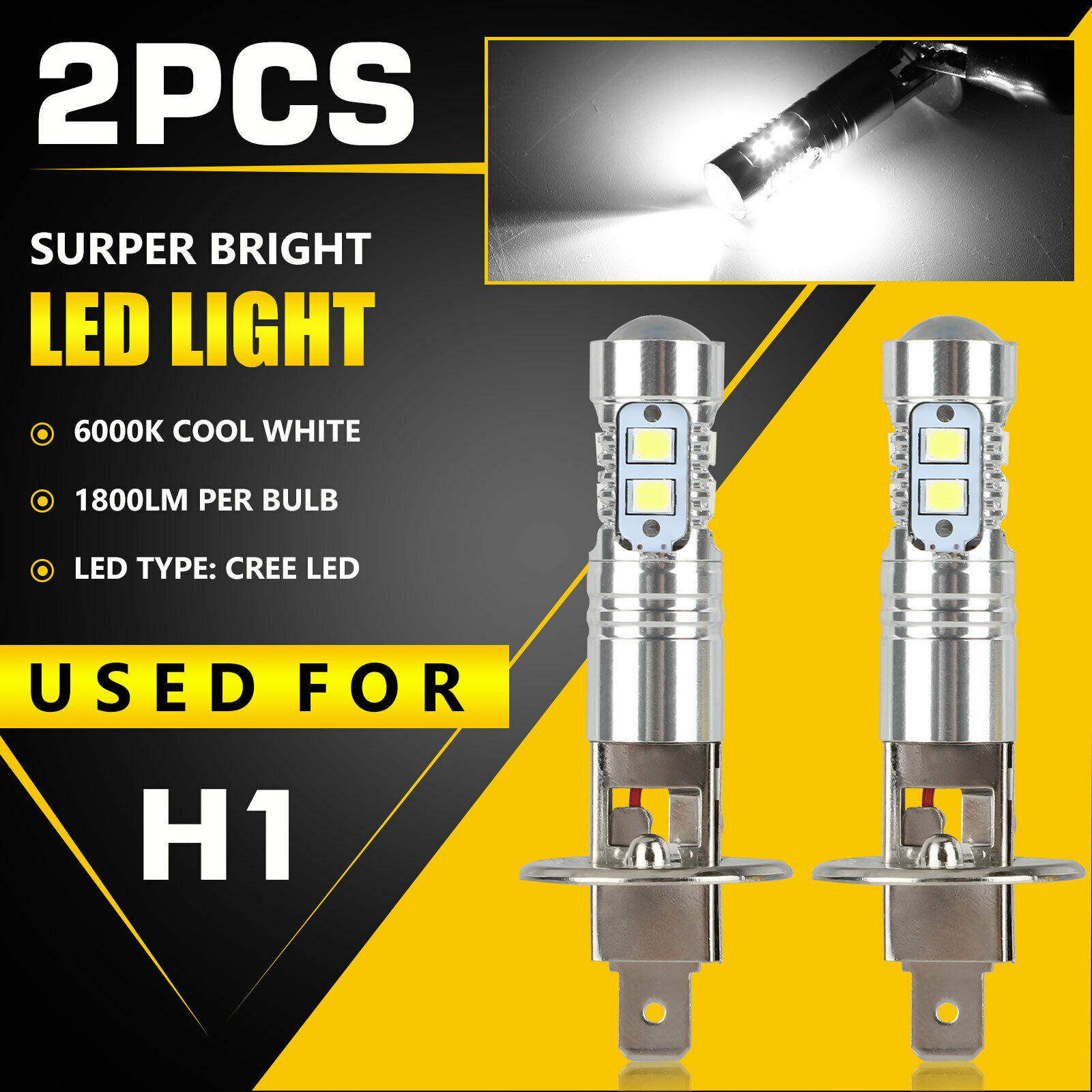 EBAY venta caliente h1 lámpara de faro LED 6000k luz de haz alto y bajo 100w luz de niebla de alto brillo blanco