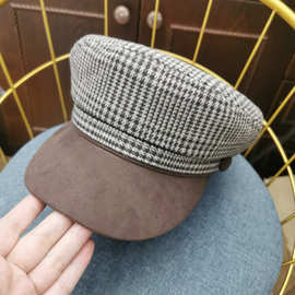 格子复古军帽子女贝雷帽麂皮绒八角帽秋冬加厚气质海军帽南瓜帽