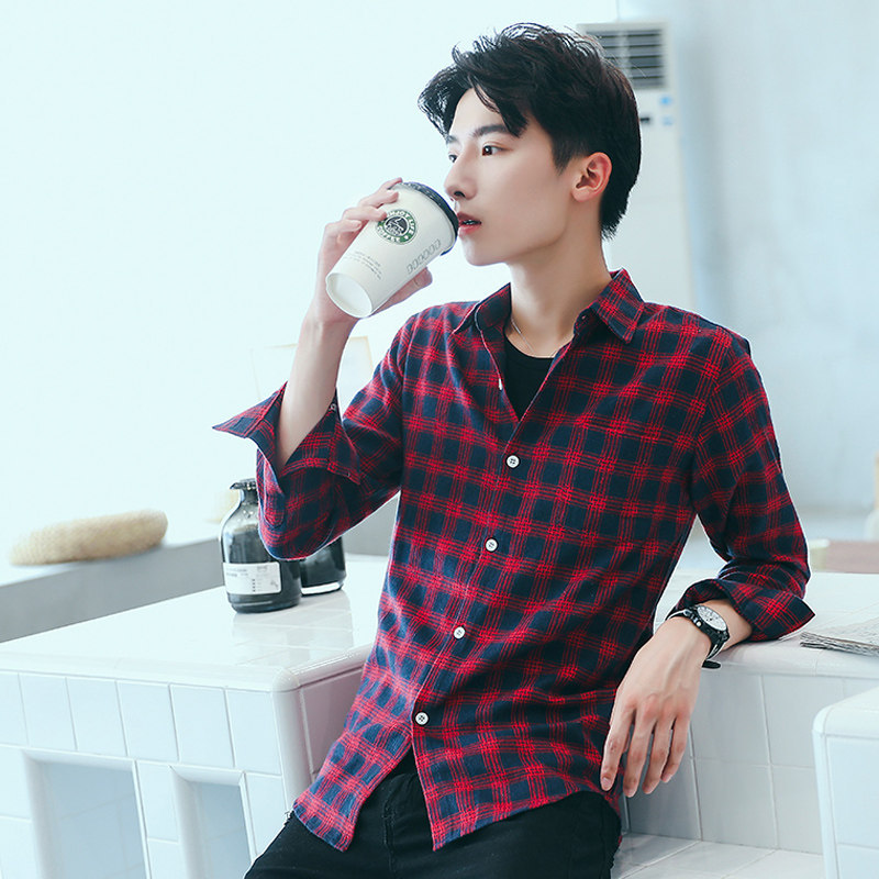 2020 camisa a cuadros de manga larga de estilo coreano de los hombres slim fit juventud moda guapo camisa pareja casual Camisa delgada