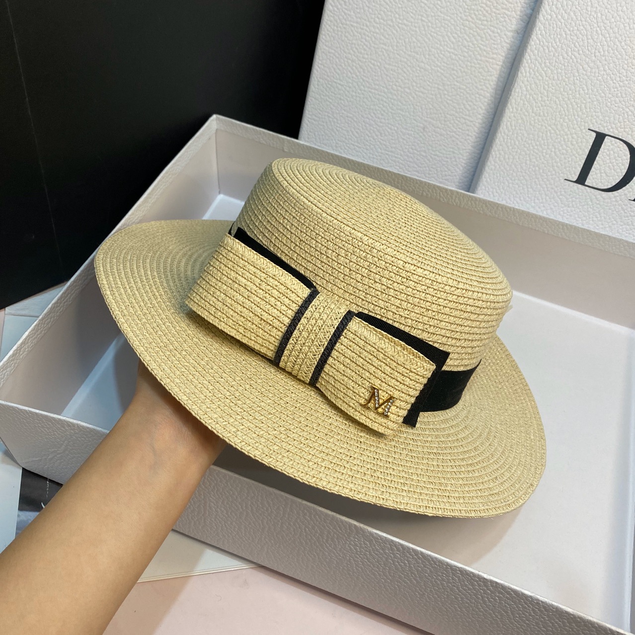 Japanese straw hat summer Dilraba style bow flat top sun hat, wide-brimmed sun hat for outings and sun protection detail image 6