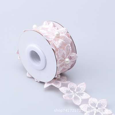 En stock 3,3 cm de una sola capa de flores bordadas de seis pétalos de flores orden perla encaje de organza de encaje ropa de falda de DIY