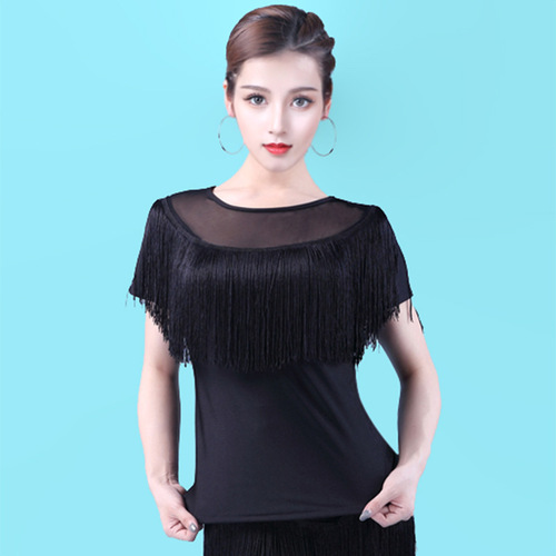 Black red fringe latin ballroom dance tops for women girls  sexy ballroom dance clothes tassels  chacha rumba salsa dance top shirts for female