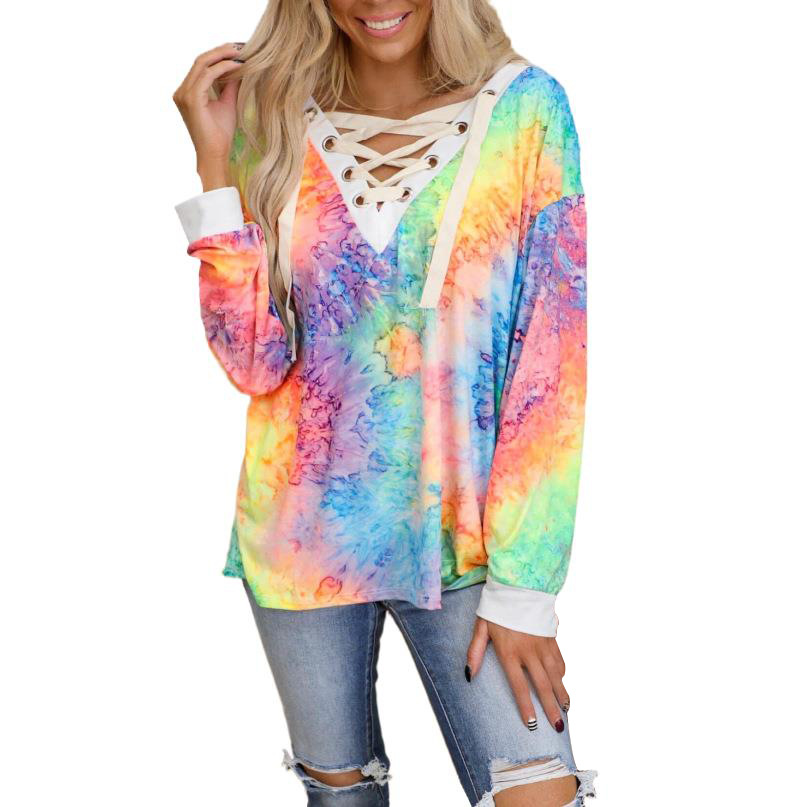 tie-dye printing long-sleeved V-neck top NSZH19531