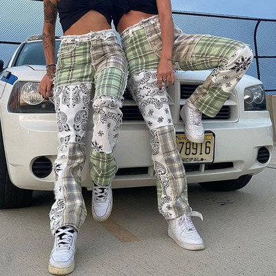 Cross border Europe and America Street Fashion sexy Paige Plaid stitching Retro pattern Flash Jeans On behalf of 2021 spring