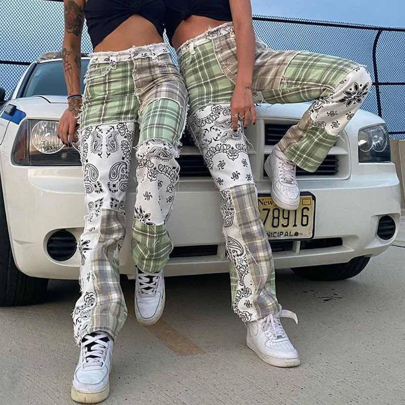 Cross border Europe and America Street Fashion sexy Paige Plaid stitching Retro pattern Flash Jeans On behalf of 2021 spring