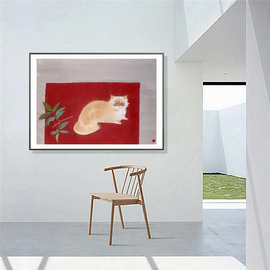 简约田园风格现代日式和风红色猫咪大师名画油画装饰画图片画芯