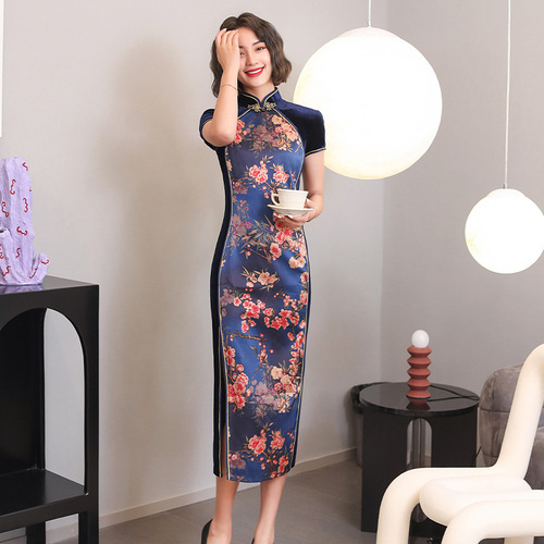 Young girl improved velvet Chinese dresses floral qipao  long temperament dress Chinese style cheongsam