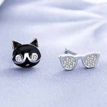 S925纯银卡通动物韩版耳饰猫咪眼镜耳钉不对称耳环小饰品厂家批发