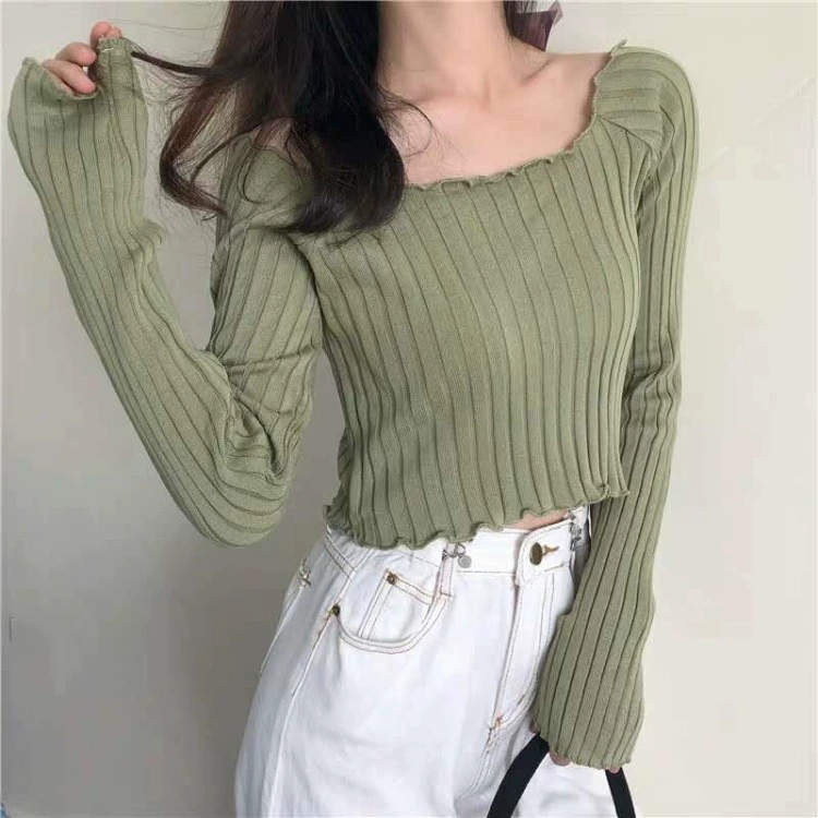 Autumn short knitted thin long-sleeve, 2020, Korean style, loose fit, open shoulders