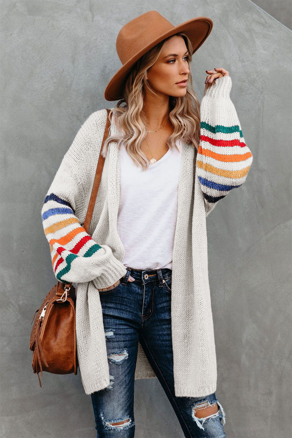 Sweater jacket autumn and winter loose striped knit women s cardigan mid-length jacket NSSI2774