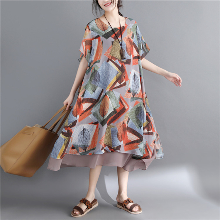 一件代发女装2020夏季大码女装胖mm180斤宽松印花短袖雪纺连衣裙|ru