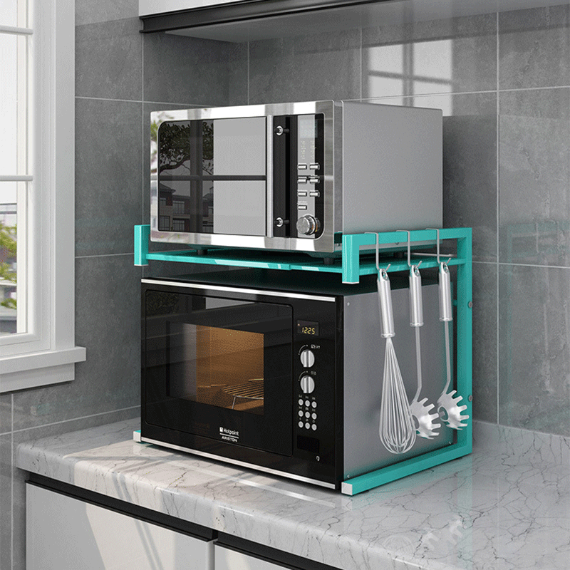 厨房置物架伸缩可调节微波炉架电饭煲烤箱收纳架双层落地简约粉色