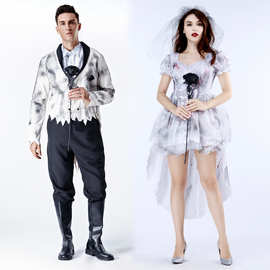 新款万圣节恐怖墓地角色扮演鬼新娘鬼新郎黑色玫瑰情侣游戏制服款