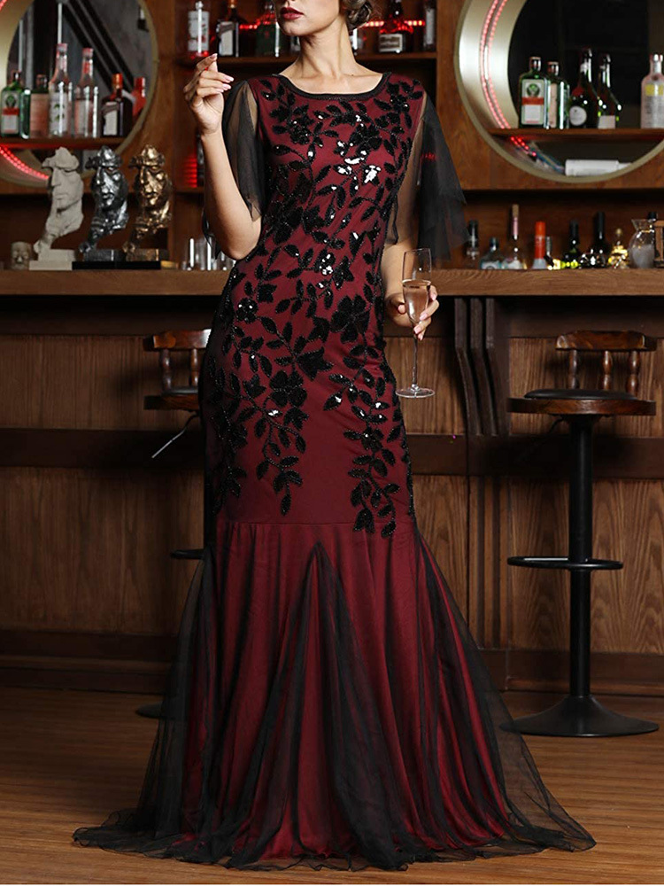 Primavera y verano 1920s vintage vestido de noche con lentejuelas dama de honor banquete largo delgado vestido de cola de pez más tamaño ropa de mujer en stock