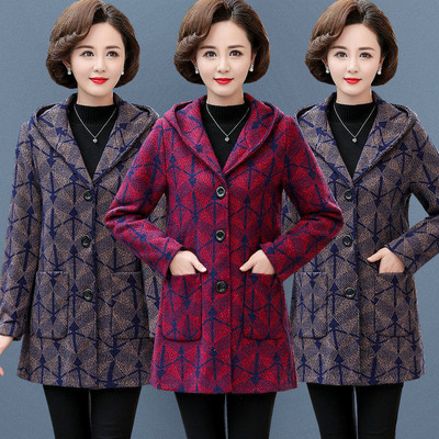 跨境速卖通中老年毛呢外套女秋冬季连帽妈妈装中长款修身大码女装