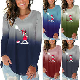 亚马逊2020欧美新款渐变色小气球印花不规则下摆女装V领长袖T恤