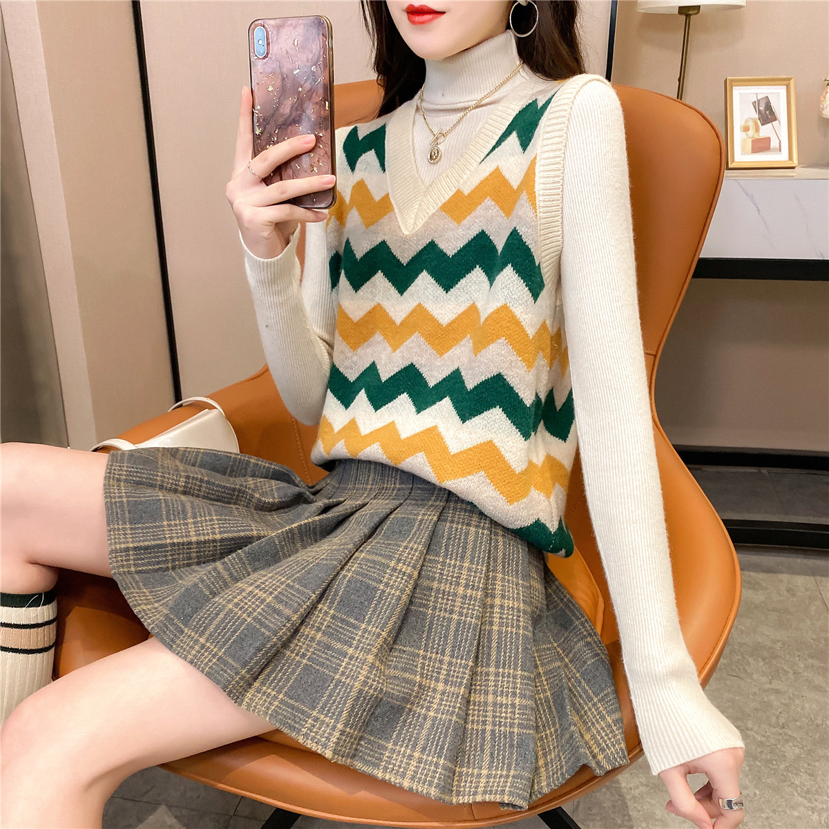 复古撞色学院风2020春季新款韩版宽松百搭波浪套头马甲毛衣女装潮