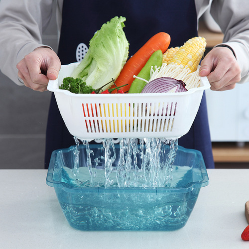 Double-layer kitchen drain basket with lid, fruit and vegetable basket, vegetable washing basket, plastic cleaning basket, fruit and vegetable basin, vegetable washing drip sieve