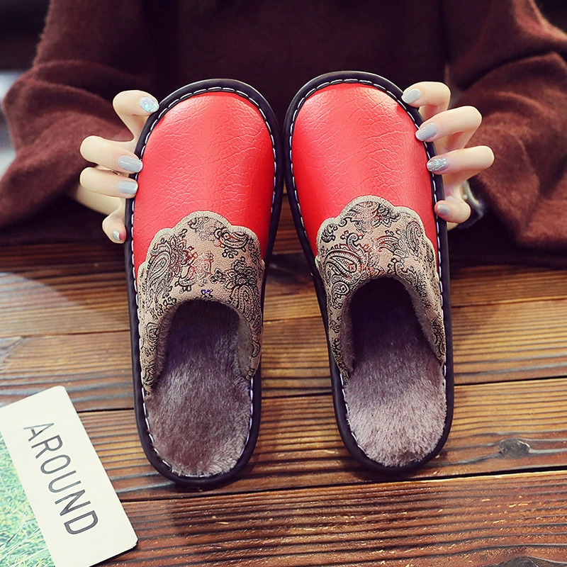 Домашние кожаные тапочки для мужчин и женщин Пара Домашние домашние плюшевые осенне-зимние хлопковые тапочки с толстой подошвой на флисовой подкладке