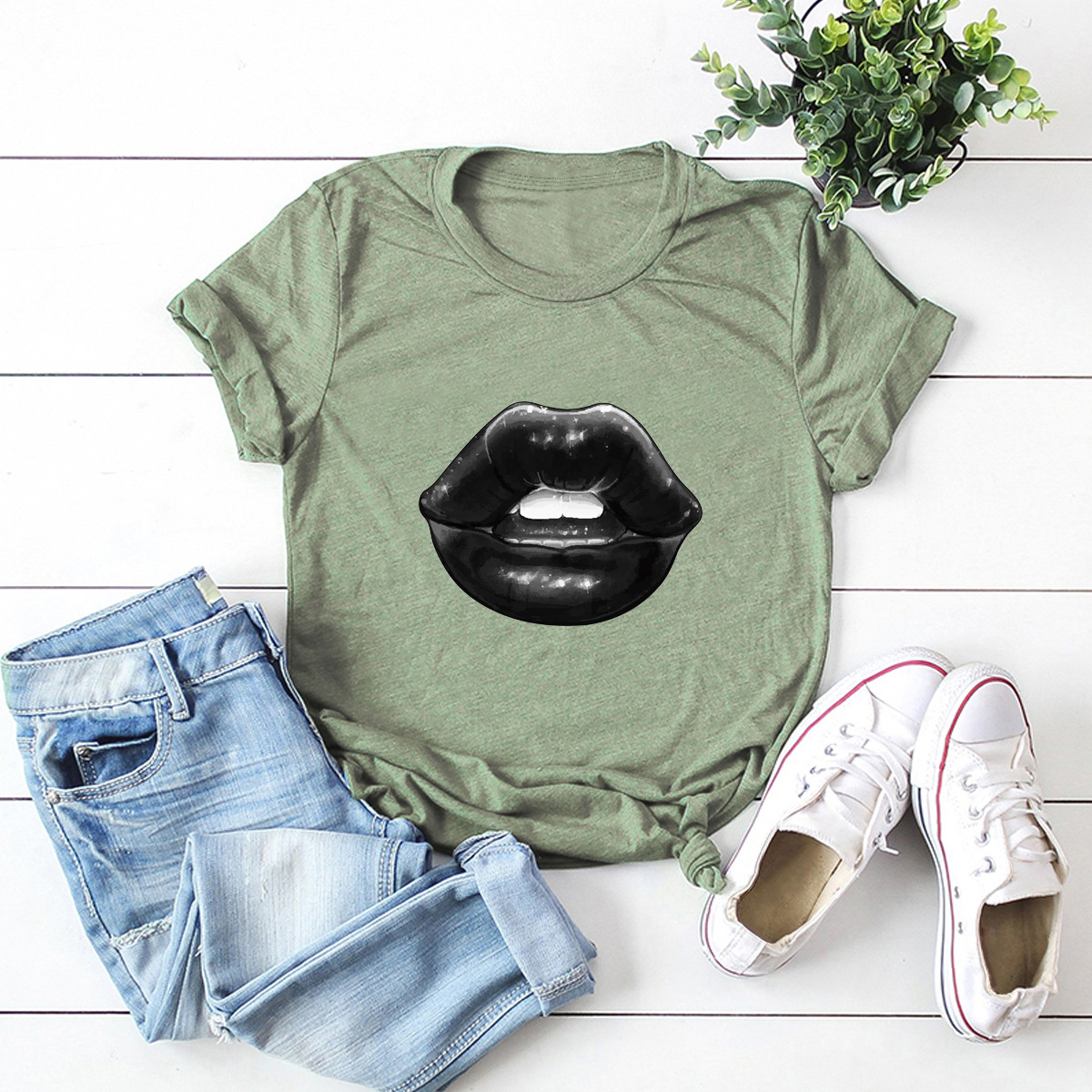 camiseta de los labios atractivos de la blusa de manga corta de la venta caliente del verano NSSN377