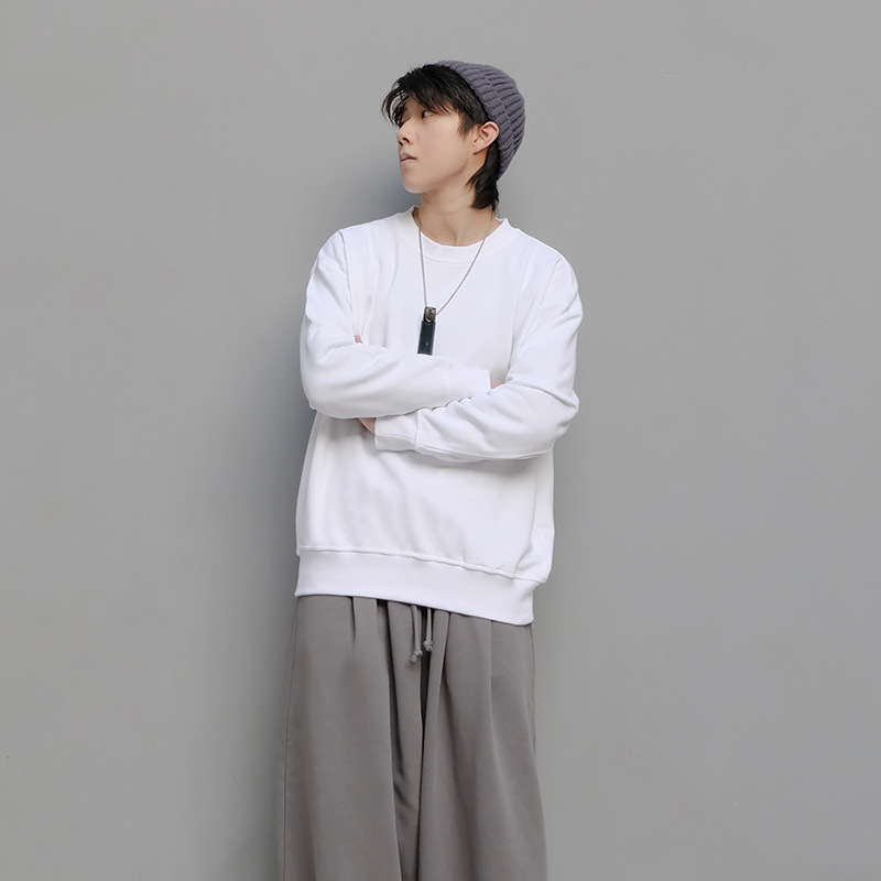 宽松卫衣男基础款落肩纯色上衣圆领套头衫毛圈打底衫简约情侣无标|ru