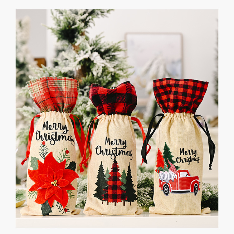 Christmas Linen Wine Bottle Cover Red Flower Wine Cover Lattice Car Wine Bottle Bag display picture 11