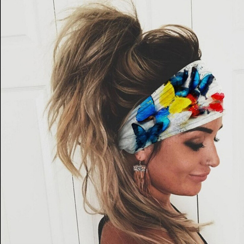  European and American Spring and Summer Anti-Snag Cotton Hairband with Butterfly Digital Print Head Scarf Yoga Exercise Elastic Headband