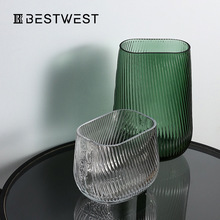 博西家居 条纹玻璃花瓶摆件现代简约家居客厅餐桌透明插花瓶创意