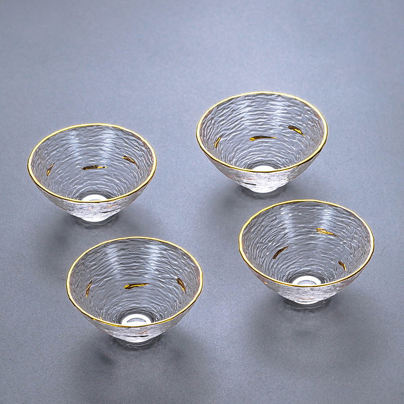 玻璃锤纹茶杯斗笠金箔描金透明品茗杯中式茶杯金鱼高档家用盛茶水