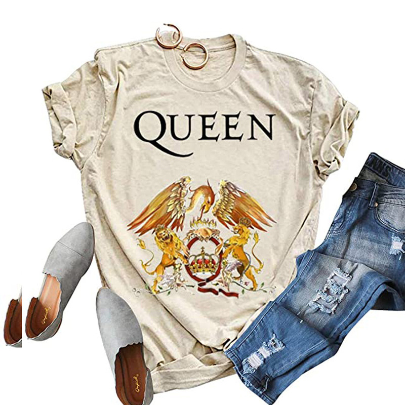 Amazon Summer Cotton Retro O Collar Top Women's QUEEN Rock Band Printed Round Neck Short Sleeve T-shirt