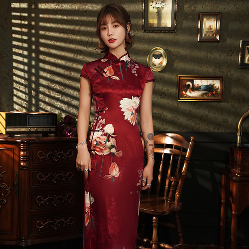  Red flowers chinese dresses for women photos shooting performance Cheongsam retro long qipao dress