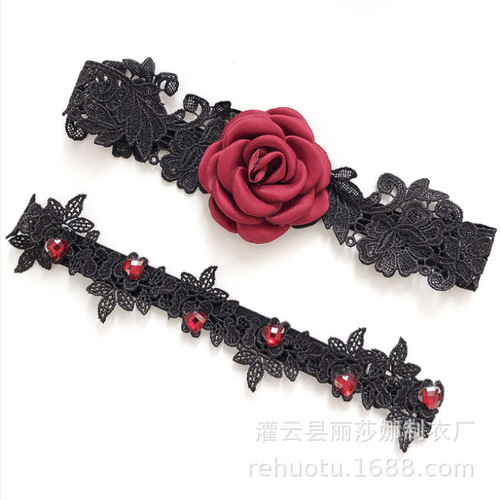 T2 Hot Rabbit new handmade bridal lace leg ring set red rose flower garter sexy ring pair